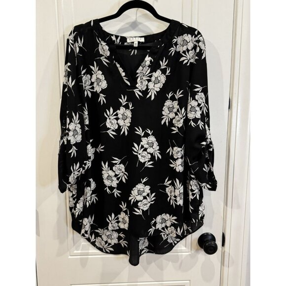 Chaus NY 2xl Black & White Floral Blouse Sheer Roll Tab Sleeves Boho EUC - Picture 1 of 5